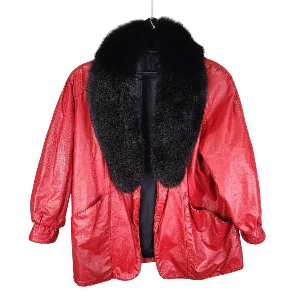 Vintage Red Leather Coat with Black Fox Fur Collar & Large Pockets Size XXL